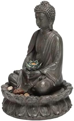 Alpine Corporation GEM178 Indoor Tabletop Meditating Buddha Water Fountain with LED Lights and Lotus Flower, 19", Beige