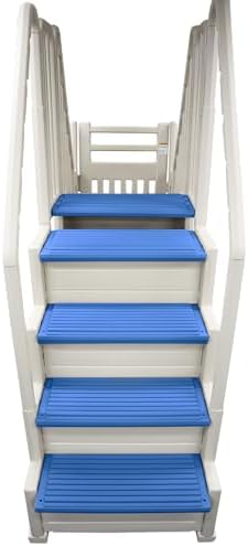 Confer Entry System for Above Ground Pools | White Frame with Blue Steps | All Resin Bridge System with Handrails and Gate