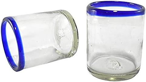 MAREY Hand Blown Drinking Glasses Artisan Crafted from Mexico Set of 6 pieces (Cobalt Blue Rim, Water 16 Oz.)