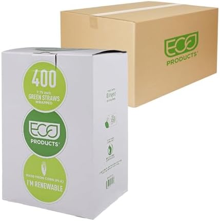 Eco-Products Compostable Paper Wrapped Plastic Straws, 7.75" Long, 5mm Diameter, Case of 9600, Green Disposable Plant Based PLA Plastic