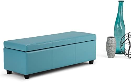 SIMPLIHOME Avalon 54" Wide Linen Look Fabric Storage Ottoman in Slate Grey | Contemporary lift-top ottoman with high-density foam