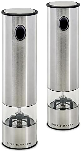 Cole & Mason H3004480 Battersea Salt and Pepper Mills | Electronic | Stainless Steel/Acrylic | 210mm | Gift Set | Includes 2 x Electric Salt and