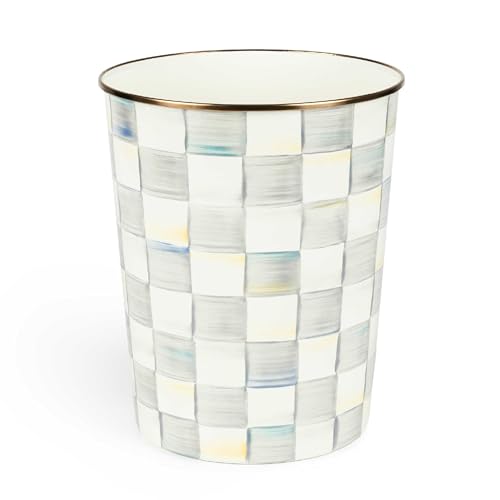 MACKENZIE-CHILDS Waste Bin, Black-and-White Courtly Check | Hand-painted design, made from enameled steel, decorative bedroom or bathroom trash can, 8" dia. x 9.5" H