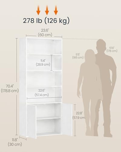 SONGMICS HOME Book Shelf, Snapsemble Superfast Assembly, 6-Tier Floor Standing Bookcase with Doors and Adjustable Shelves, 70.4 Inches Tall for Bedroom Study Living Room, Snow White