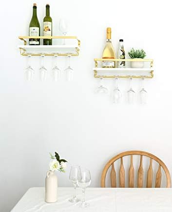 Mkono Wall Mounted Wine Rack Set of 2 Wood Rustic Wine Bottle Glass Floating Shelves with Stemware Hanger Modern Plants Photos Wine Display Storage