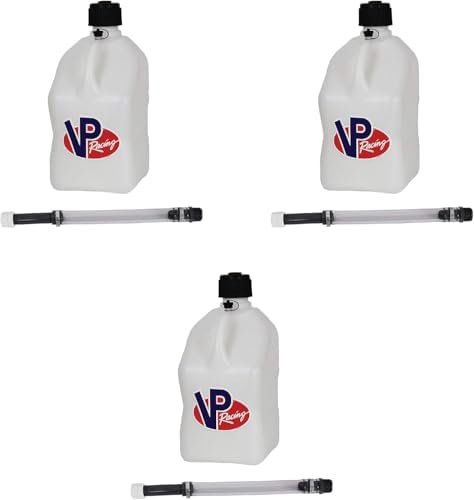 VP Racing 3522-CA, 5.5-Gallon Square Motorsport Jug White (3 Pack) w/ 14" Deluxe Hose (3 Pack) Close-Trimmed Cap and Neck for Tight Seal