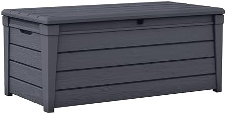 Keter Brightwood 120 Gallon Resin Large Deck Box for Patio Garden, Outdoor Cushion Storage, Pool Accessories, Tools, Grey