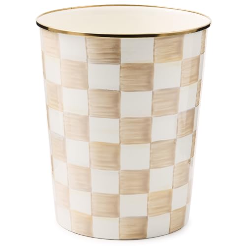 MACKENZIE-CHILDS Waste Bin, Black-and-White Courtly Check | Hand-painted design, made from enameled steel, decorative bedroom or bathroom trash can, 8" dia. x 9.5" H