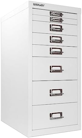 5-Drawer Steel MultiDrawer Cabinet - Orange, by Bisley | Chrome Pull Handles with Label Holders, Powder-Coated Steel, Removable Drawers, Desktop Storage, Labels Included
