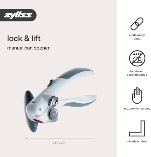 Zyliss Lock N' Lift Can Opener with Lid Lifter Magnet - Manual Opener with Locking Mechanism - Easy-to-Turn - Magnetic Can Opener - White/Gray