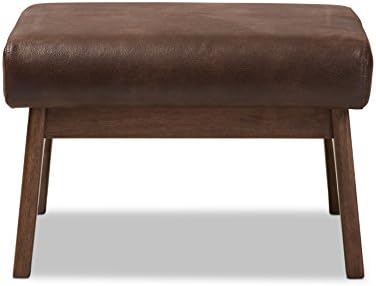 Baxton Studio Birk Mid-Century Modern Walnut Wood Dark Brown Distressed Faux Leather Ottoman