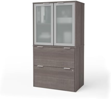 Bestar i3 Plus 31W Lateral File Cabinet with Frosted Glass Doors Hutch in bark Grey | With Frosted Glass Doors Hutch, ball-bearing drawer slides
