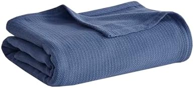 Madison Park 100% Cotton Breathable Queen Size Blanket for Bed, Blue | Freshspun Basketweave, All Season, Farmhouse Classic Bed Cover Full for Summer, OEKO TEX, Warm Home Essential For Couch, Sofa