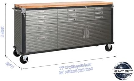 Heavy-Duty Rolling Workbench with Drawers and Cabinet, 77" W x 20" D x 37.5" H, (Red, 11 Drawer)
