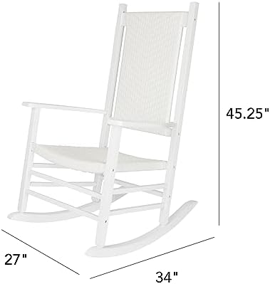 Shine Company Hampton Porch Rocker, High Back Wood Rocking Chair, Rattan Backrest & Seat, White