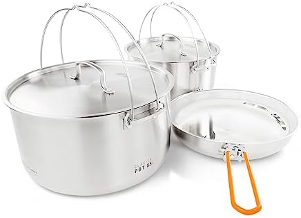 GSI Outdoors Glacier Stainless Troop Cookset, Compact Pan & Pot Camping Set, for Travel and Outdoors (8-10 People)