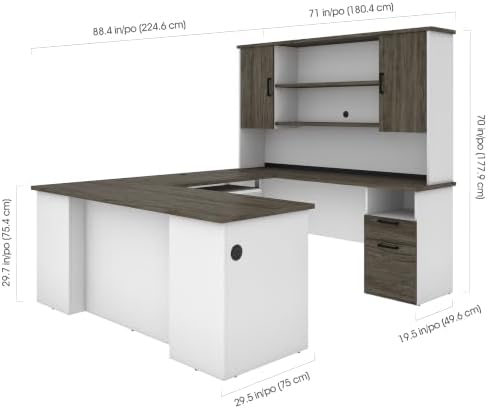 Bestar Norma 71W U or L-Shaped Executive Desk with Hutch in Walnut Grey & White