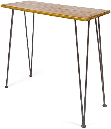 Christopher Knight Home Denali Ouotdoor Industrial Acacia Wood Bar Table with Iron Frame, Teak Finish / Rustic Metal