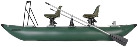 Sea Eagle 375fc FoldCat 1-2-Persons Inflatable Fishing Pontoon Boat, Lightweight & Portable, w/2 Green Swivel Seats, Pedestal, Oar Set, Scotty Rod Holders, Boat Bag, & Pump