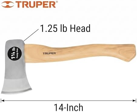 Truper 1.25 lb Camp Axe, 14-Inch American Hickory Wood Handle, Forged Steel Head, Compact Hatchet for Camping