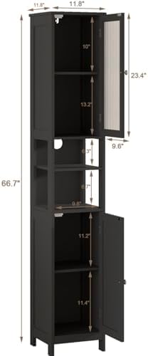 ChooChoo Narrow Bathroom Storage Cabinet with Light， Space Saving | Space Saving,Tall Bathroom Storage Cabinet, 5-Tier, 2 Doors, Slim, Freestanding, Adjustable Shelves, Black