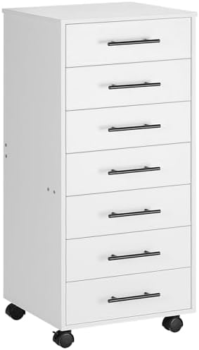 HOOBRO 7-Drawer File Cabinet, Wooden Office Cabinet with Drawers, Mobile Storage Filing Drawer for Home Office, Study, Easy Assembly, White WT07WJ01