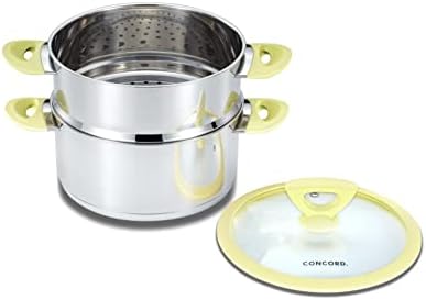 CONCORD 3 Quart Stainless Steel 3 Piece Steamer Cookware Set. Features 2 Quart Veggie Steamer and 3 Quart Cooking Pot with tempered glass lid.