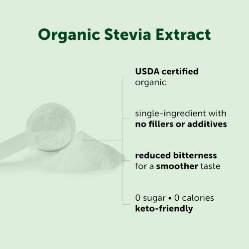 Micro Ingredients Pure Organic Stevia Powder, 8 Ounces, 1418 Serving, Highest Grade Green Leaf Extract Reb-A, Reduced Bitter Aftertaste, 0 Calorie, Natural Sweetener, Sugar Alternative, Keto Friendly