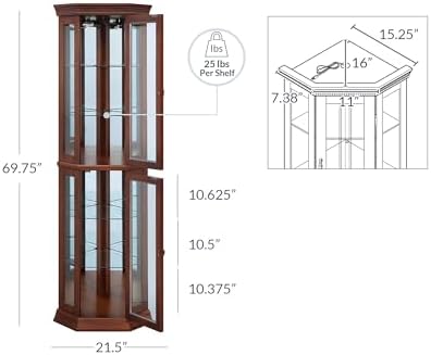 BELLEZE Lighted Wooden Corner Display Curio Cabinet, Two Section Shelving Unit with Tempered Glass Door