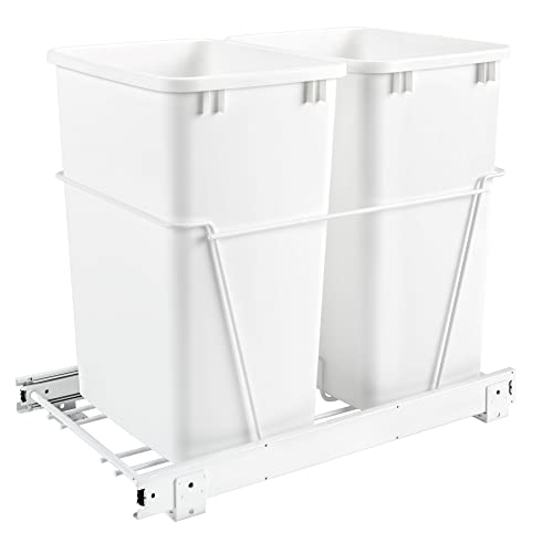 Rev-A-Shelf Double 35 Qt Pullout Trash Can for Base Kitchen Cabinets, Garbage Waste Bin System with Full-Extension Slides, Min Opening Width of 14.75" White, RV-18PB-2 S