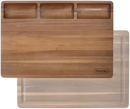 Viking Cutting Board, Acacia Wood Kitchen Butcher Block Carving Board with Juice Groove and Metal Handles, 23 x 14 x 1 Inch