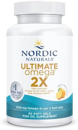 Nordic Naturals Ultimate Omega 2X, 2150mg Fish Oil, Lemon - 60 Count | High-potency 2X formula with EPA & DHA for brain & heart health. Non-GMO soft gels. 30 servings.