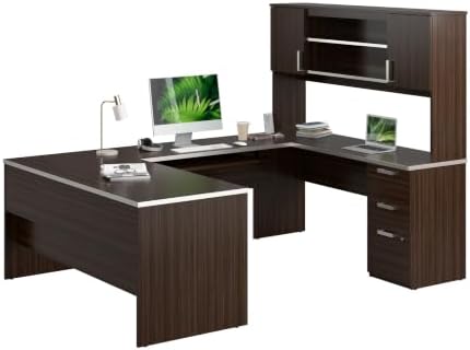 Bestar U Shaped Desk with Drawers, Hutch, and Keyboard Tray, Executive Workstation for Home or Professional Office, 65 Inches, Ridgeley Collection, White Chocolate