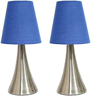 Simple Designs LT2014-WHT-2PK Valencia Brushed Nickel Mini Touch Table Lamps with Fabric Shades, White (Pack of 2)