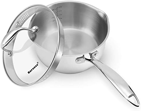 Rorence 3.7 Quart Stainless Steel Induction Sauce Pan with Lid | Stainless Steel Pot Saucepan with Pour Spout & Glass Lid with Strainer