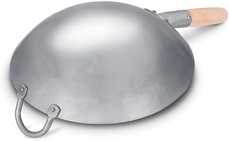 Craft Wok Traditional Hand Hammered Chinese Carbon Steel Wok with Wooden and Steel Helper Handle (14 Inch, Round Bottom Pow Wok Pan) / 731W88