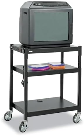 Pemberly Row Black Steel Mobile Media Cart, Adjustable Height 28-36 in, 3 Shelves 24 x 18 in, Powder Coated Finish, Swivel Casters with 2 Locking