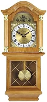 Bedford Clock Collection Classic Chiming Wall Clock with Swinging Pendulum, Golden Oak