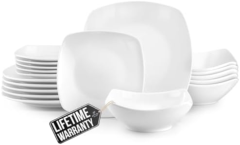 Zulay Kitchen Luna Plates and Bowls Sets, 16 Piece Modern Porcelain Dish Set for 4, Chip and Scratch Resistant Square Dinnerware Set