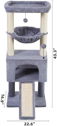 32" Cat Tree for Indoor Cats, 2-in-1 Cat House with Sisal Scratching Post & Ramp, 2-Level Cat Tower with Rotatable Feather & Ball Toys, Stable Grey Cat Condo for Small/Medium Cats, Grey
