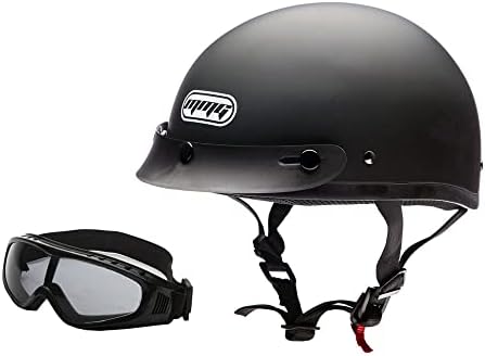 MMG Adult Half Shell Helmet, Motorcycle/Scooter/Moped, Matte Gray, Medium | Lightweight Polycarbonate/ABS half shell, goggles included. Padded washable liner, double D-ring strap. DOT FMVSS-218.