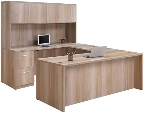 NBF U-Shaped Desk Reversible Workstation with Hutch & Storage, 71" W, Tan