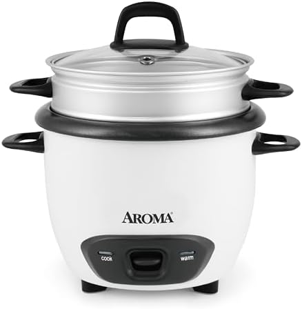 AROMA® Rice Cooker, 3-Cup (Uncooked) / 6-Cup (Cooked), Steamer, Small Rice Cooker, Oatmeal Cooker, Soup Maker, Auto Keep Warm, 1.5 Qt, White, ARC-743-1NG