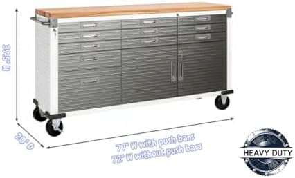 Heavy-Duty Rolling Workbench with Drawers and Cabinet, 77" W x 20" D x 37.5" H, (Red, 11 Drawer)