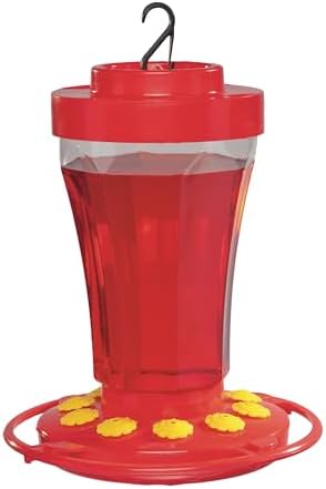 First Nature 993091-546 16 oz. Hummingbird Flower Feeder , Red | Bright Flower Ports Attract Birds - Round Bottom Perch Fits Multiple Birds - See-Through Tank Shows Nectar Levels