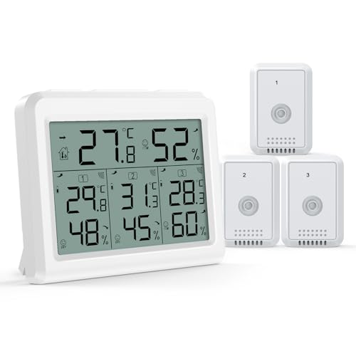 AMIR Indoor Outdoor Thermometer, 3 Channels Digital Hygrometer Thermometer with 3 Sensor, Temperature Humidity Monitor with LCD Display