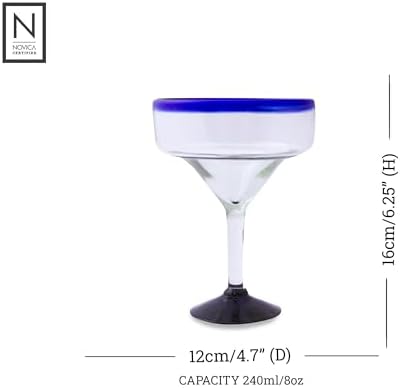NOVICA - 284619 NOVICA Clear Blue Rim Glass Eco-Friendly Margarita Glasses, 13 Ounces, 'Cobalt Contrasts' (Set Of 6)