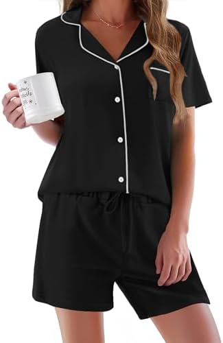 Ekouaer Pajamas Set for Women Short Sleeve Sleepwear Button Down Pj XS-XXXL | Summer 2 Piece Lounge Set, Soft Fabric, Drawstring Waistband, for Bridesmaid Bride Party, Plus Size, Petite, Cute Pattern