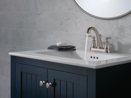 Delta Woodhurst Centerset Brushed Nickel Bathroom Faucet, 4 Inch 3 Hole Bathroom Sink Faucet for Vanity, Metal Push-Pop Drain Assembly