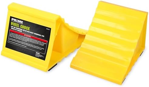 PR1ME Wheel Chocks with Non-Slip Base for RV & Trailer. 2 Pack Heavy Duty Wheel Chock with Bright Yellow. Lightweight Wheel Stoppers for Cars Camper
